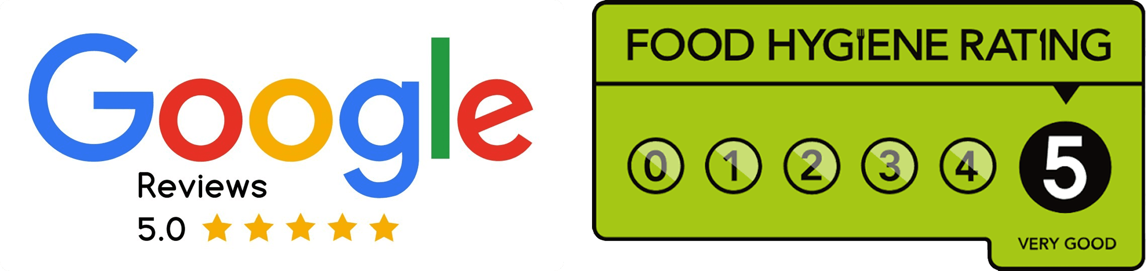 5.0 Google Reviews and a Food Hygiene Rating of 5, very good