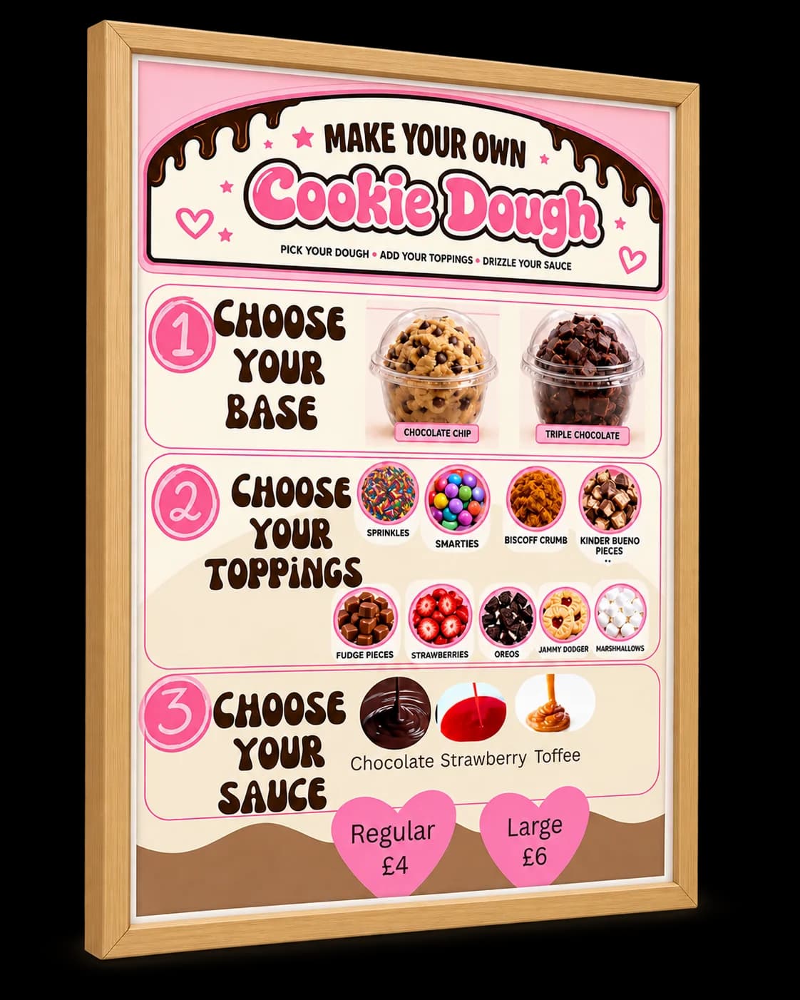Framed Make Your Own Cookie Dough guide showing the three stages